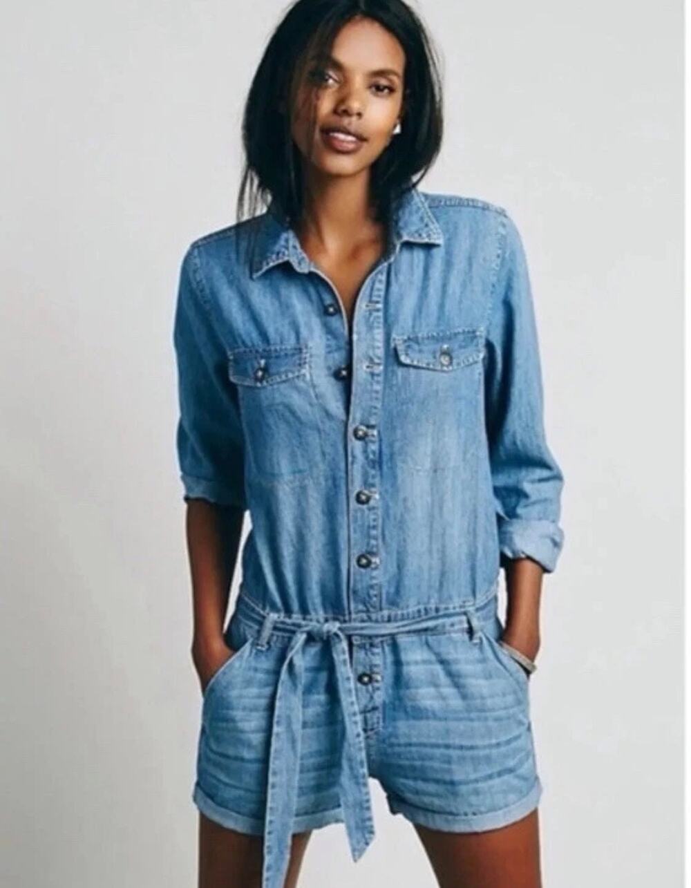 Free People | Bohemian Chambray Denim 100% Cotton Belted Romper Preppy Fall